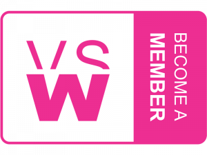 Pink and white logo that reads VSW and in vertical letters Become A Member.