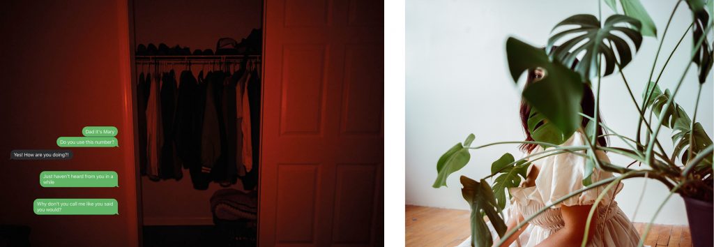 Two side by side images. Left is a red hued photograph of a half-opened closet. Inside the closet are racks of clothes on hangars and a shelf with shoes. On the left are green and gray text bubbles of a conversation between the photographer and her father. On the right is a color photograph of a woman sitting behind a large green house plant in a room with a white wall and wooden floors. The house plant criss-crosses in front of her in the foreground. A lead closest to the camera covers most of her face except her right eye, which is in focus and looking straight into the camera. .