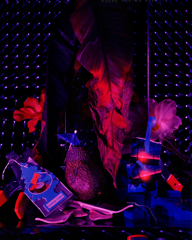 Photograph of a still life in a darkened space with neon colors.