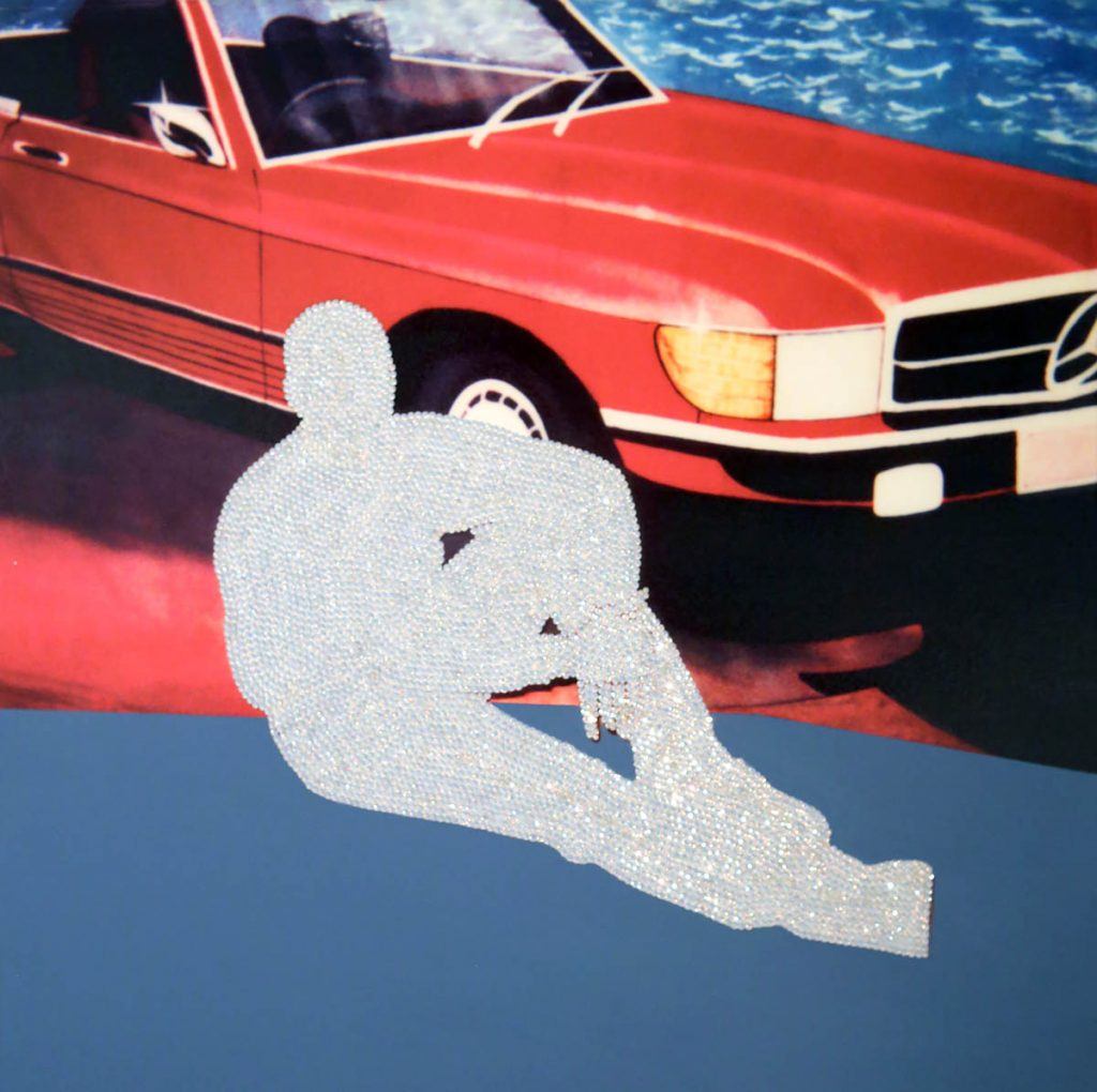 A person's silhouette leans against a red car.