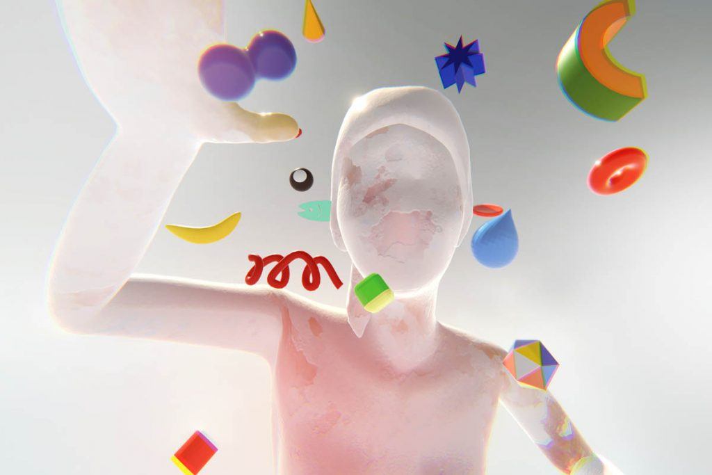 A 3D faceless, digital character reaches out toward abstract shapes.