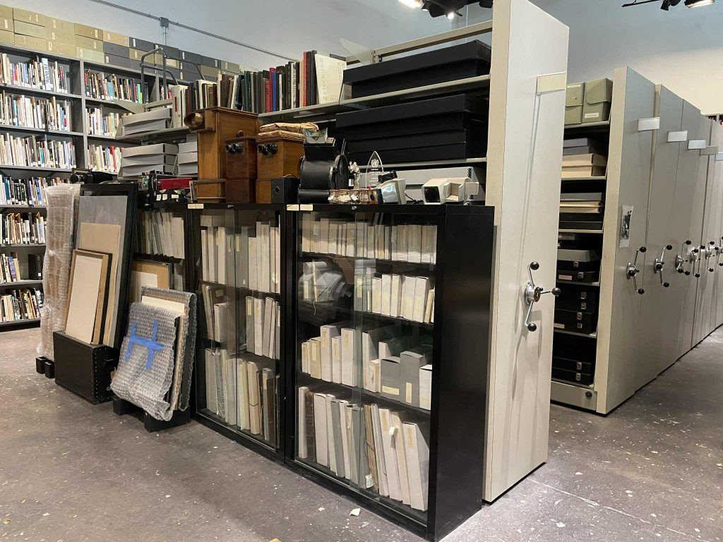 Shelves of boxes of collections in the Photographic Collections at VSW