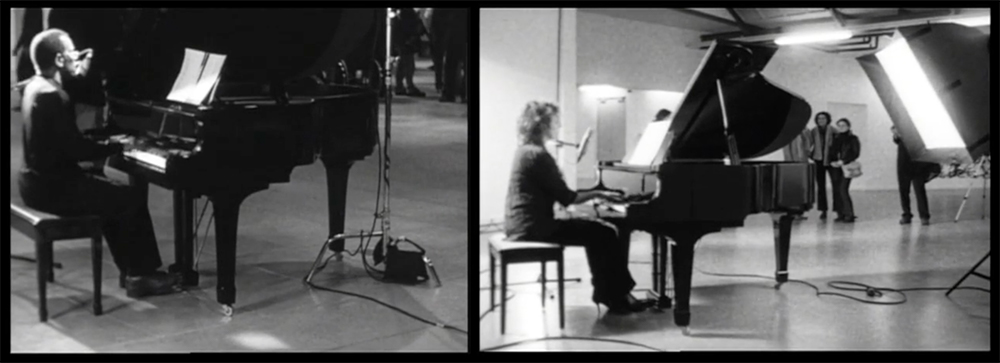 Two black and white film stills of different people playing pianos.