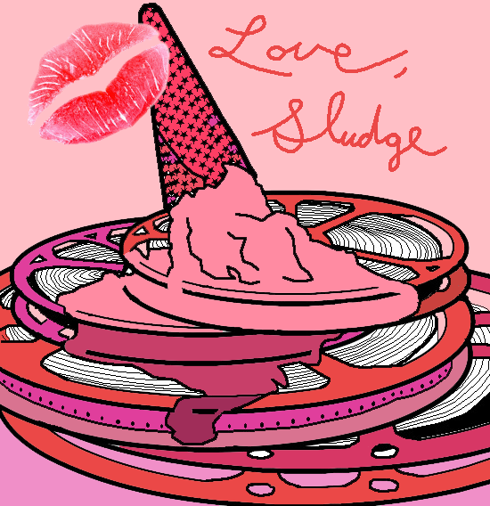 Hand-drawn ice cream cone melting over a stack of film reels.