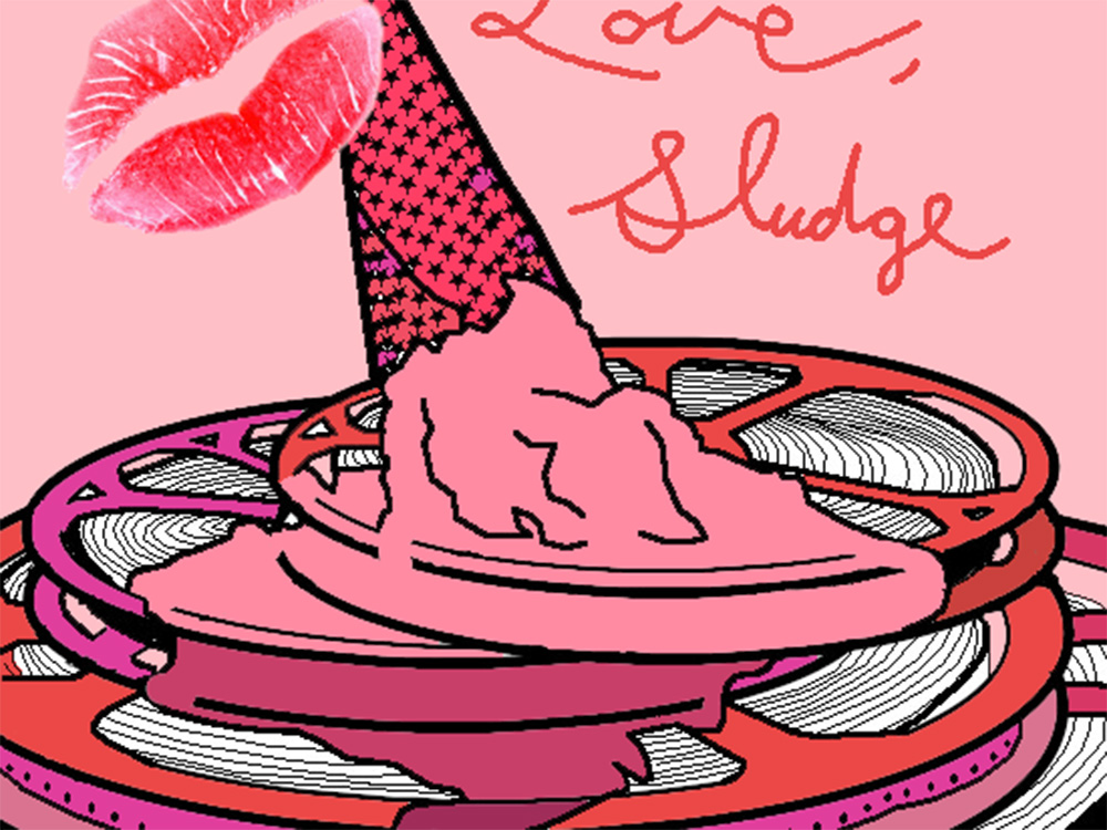 Hand-drawn ice cream cone melting over a stack of film reels.