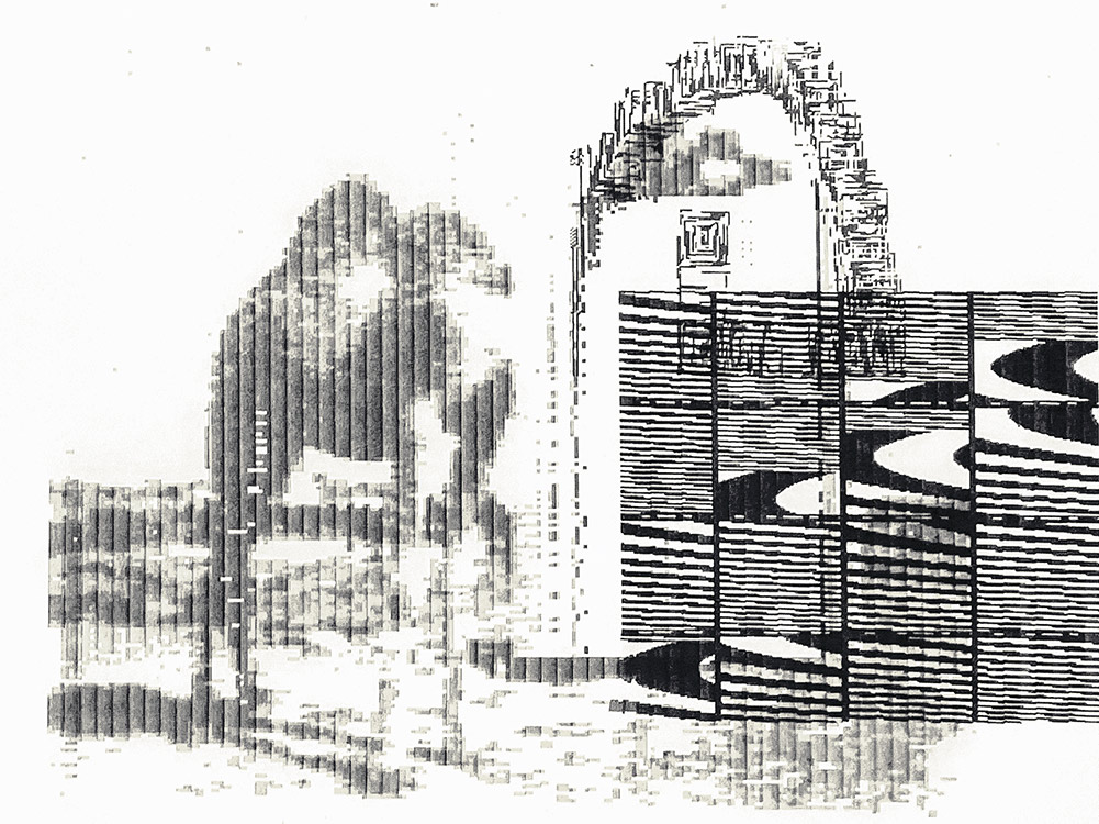 Dot-matrix black and white print of a camel with abstract, pixelated textures.