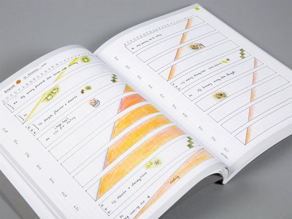 Open book with colorful timeline-like score.