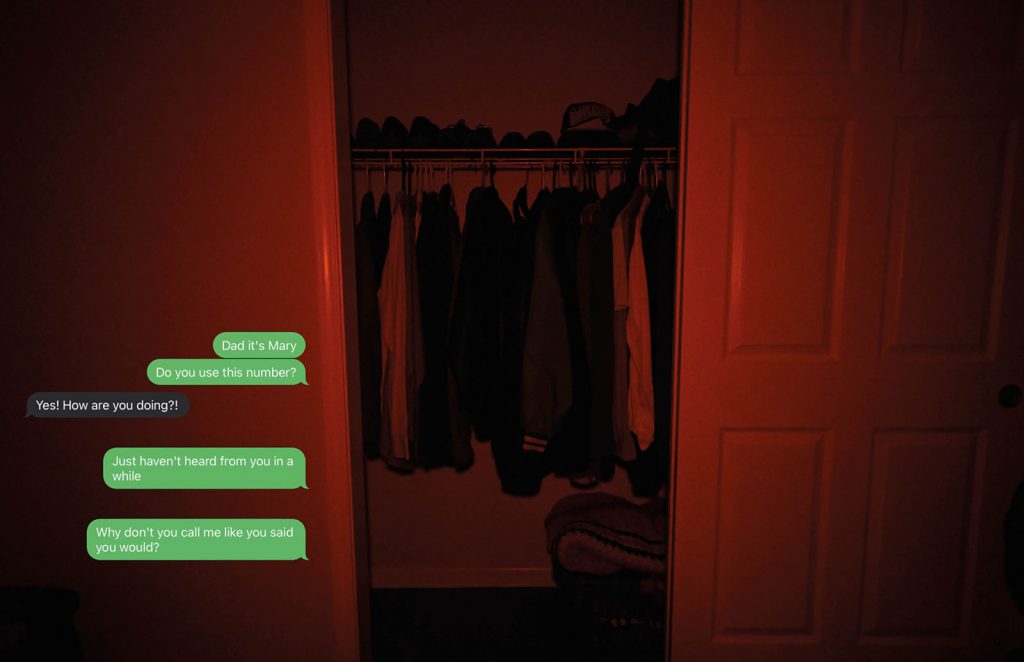 Photo of a closet with text message bubbles over it.