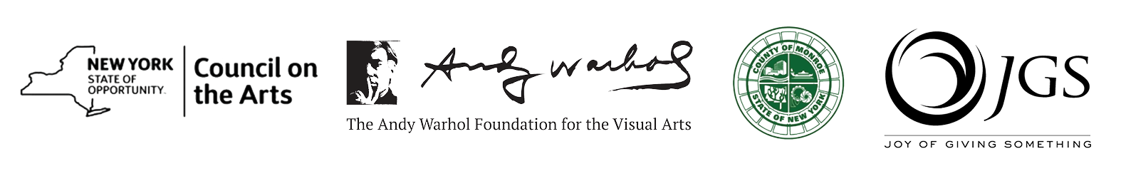 NYSCA; Warhol Foundation; Monroe County; Joy of Giving Something logos
