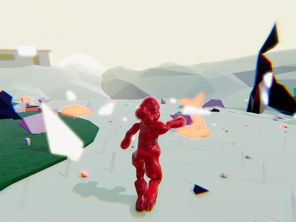 3D digital game environment with lumpy character.