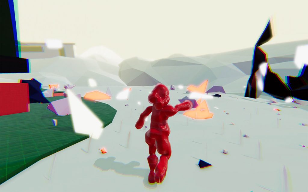 3D digital game environment with lumpy character.