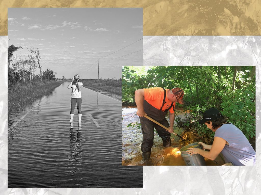 Two images: A black and white photo portrait on Margaret Lejeune; a color image of Meredith Davenport in the water digging up mud.