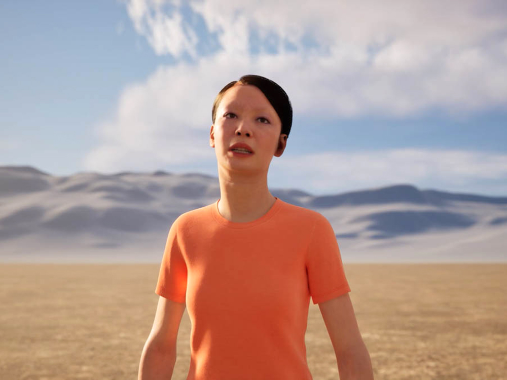 3D animated woman stands in a desert landscape.
