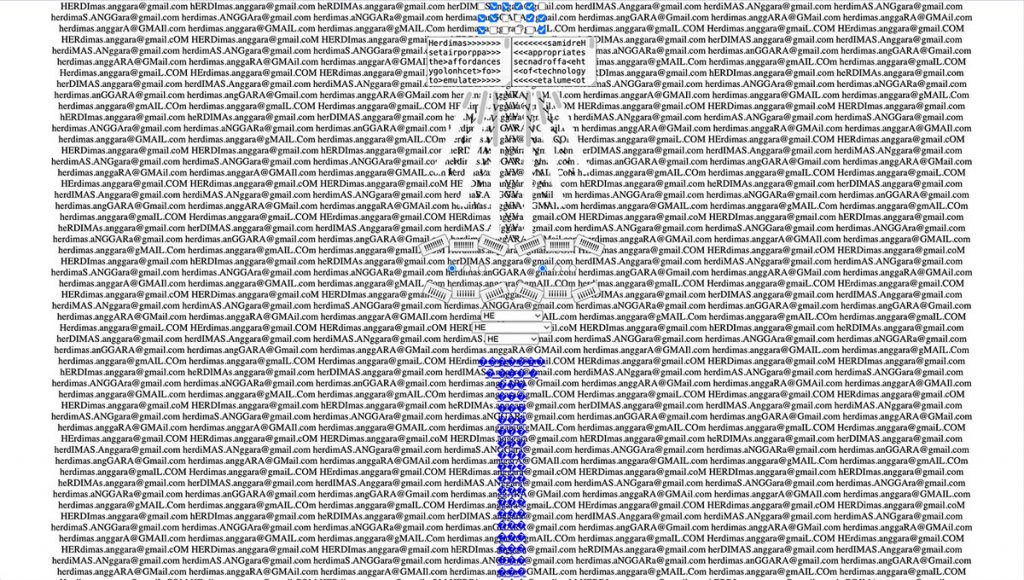 A Gmail address displayed over and over again, irregularly.