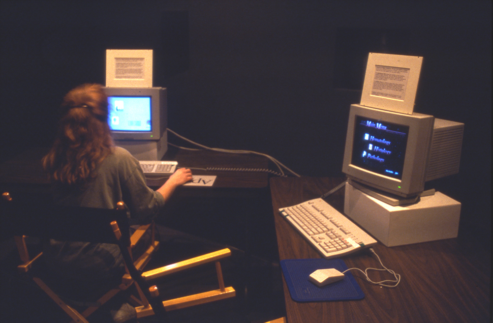 Two computers set up on a desk in a gallery. A woman operates one of them.