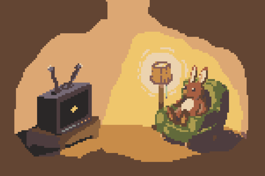 Pixel drawing of a bunny watching TV.